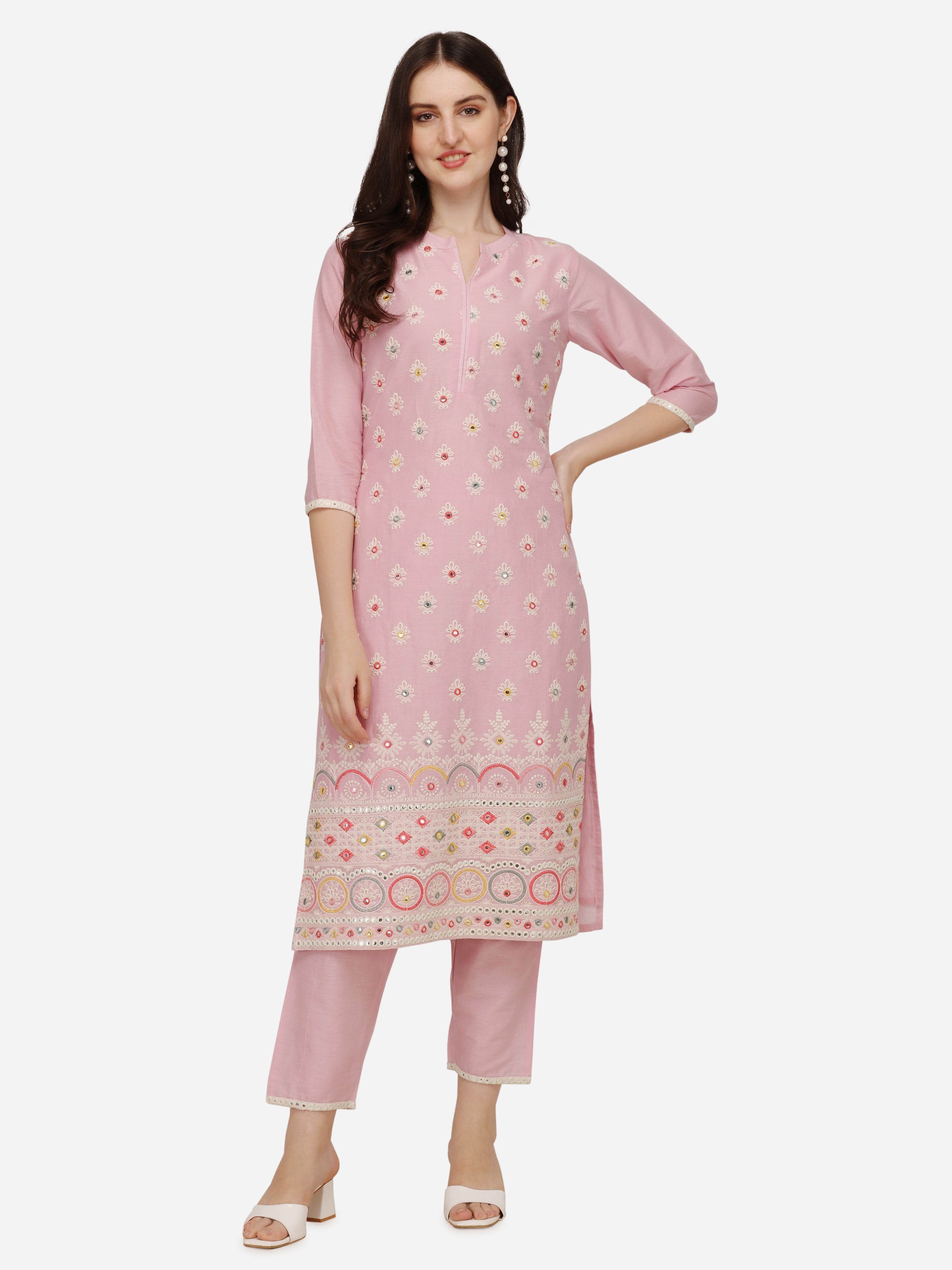 Lucknawi Embroidered Kurta With Pant & Dupatta, Multicolor - Hiral Fashion | Grocsy