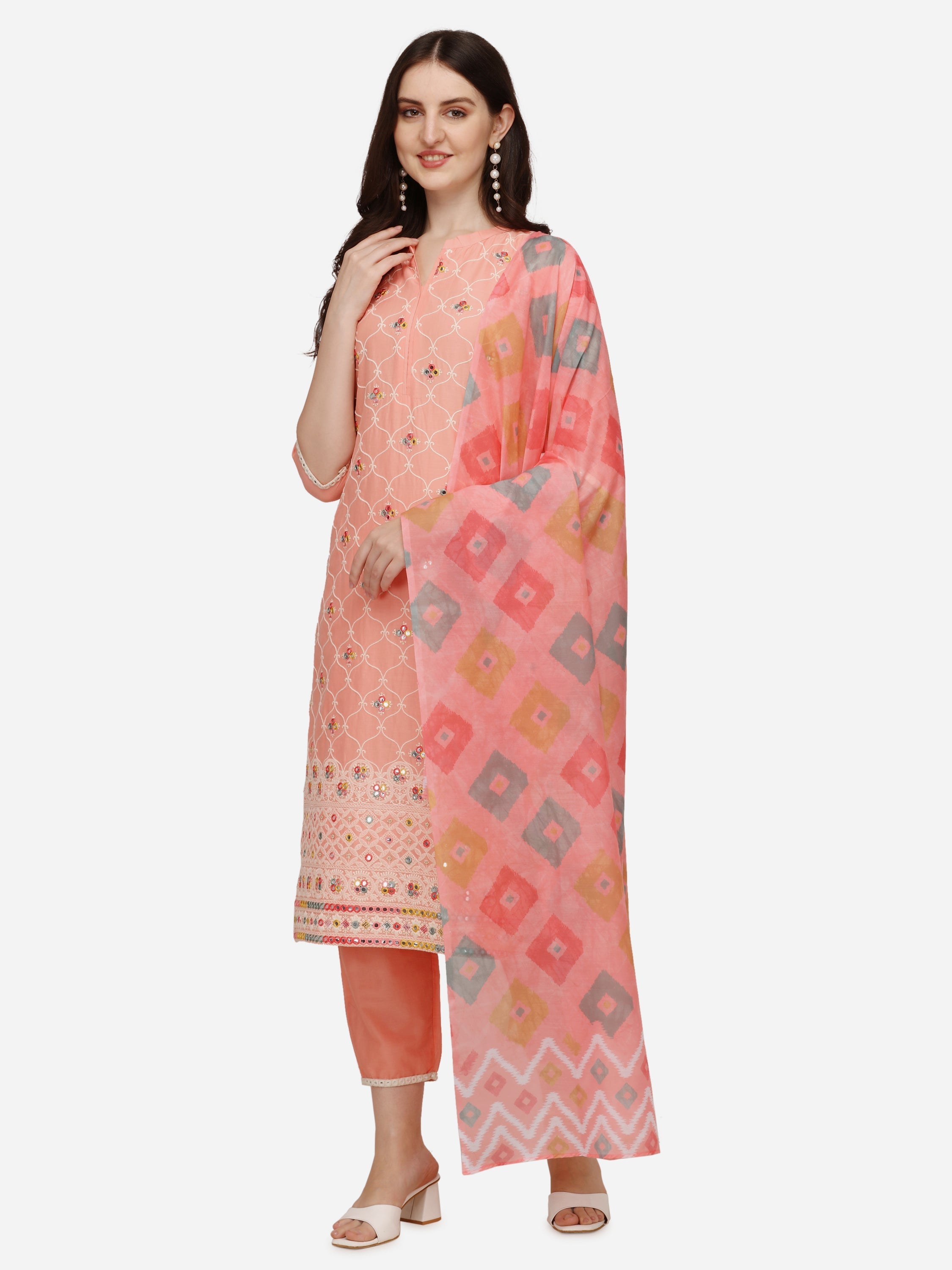Lucknawi Embroidered Kurta With Pant & Dupatta, Multicolor - Hiral Fashion | Grocsy