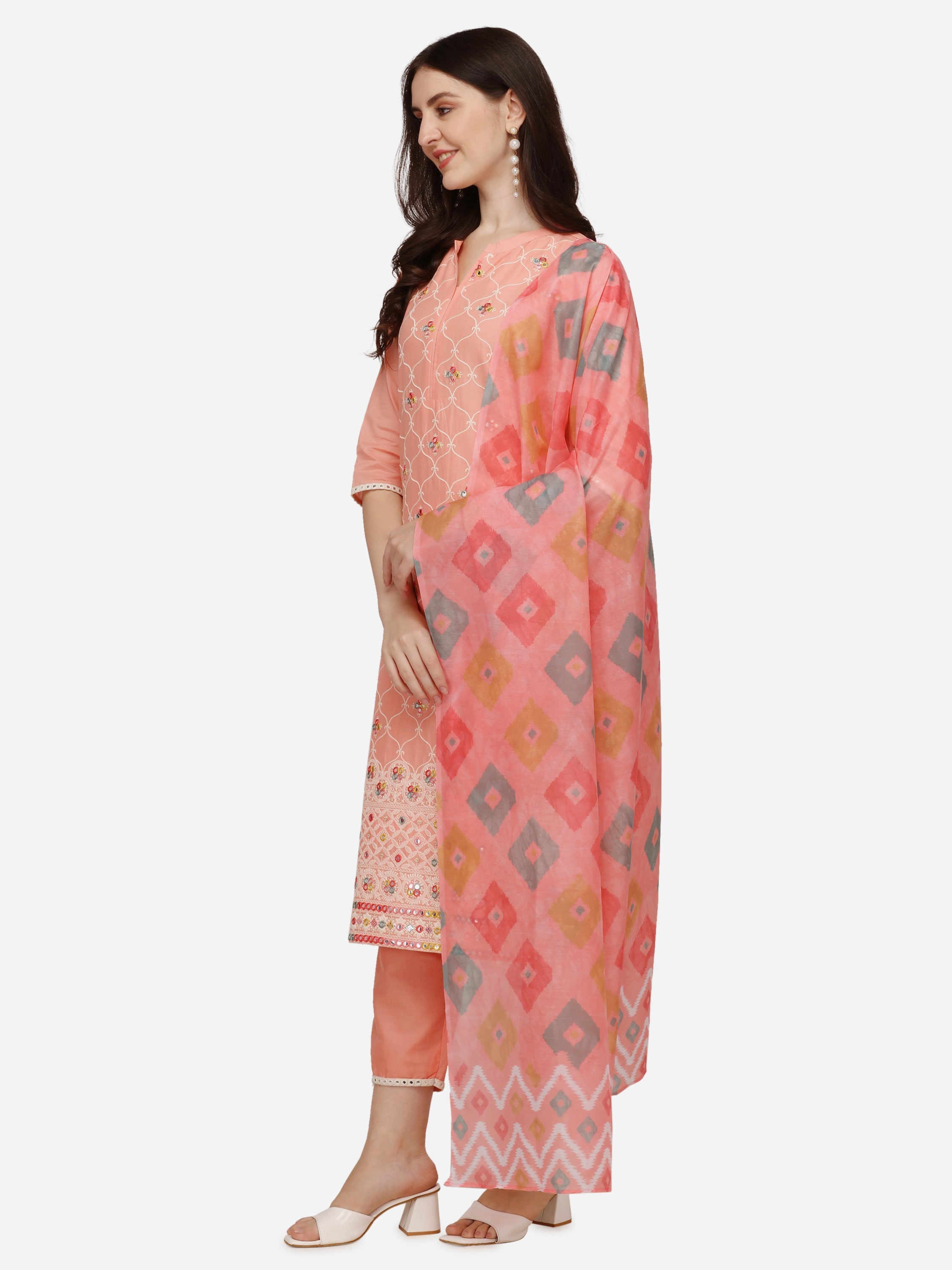 Lucknawi Embroidered Kurta With Pant & Dupatta, Multicolor - Hiral Fashion | Grocsy