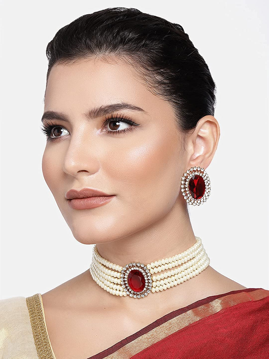 Gold-Polished Traditional Stone Studded Pearl Choker Necklace Jewellery Set For Women/Girls - Wahe Jewels - Swadesiicart