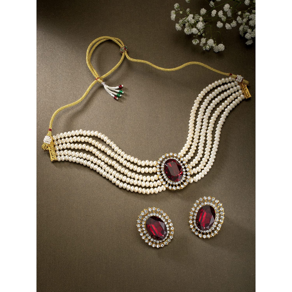 Gold-Polished Traditional Stone Studded Pearl Choker Necklace Jewellery Set For Women/Girls - Wahe Jewels - Swadesiicart