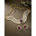 Gold-Polished Traditional Stone Studded Pearl Choker Necklace Jewellery Set For Women/Girls - Wahe Jewels - Swadesiicart