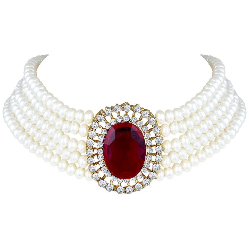 Gold-Polished Traditional Stone Studded Pearl Choker Necklace Jewellery Set For Women/Girls - Wahe Jewels - Swadesiicart