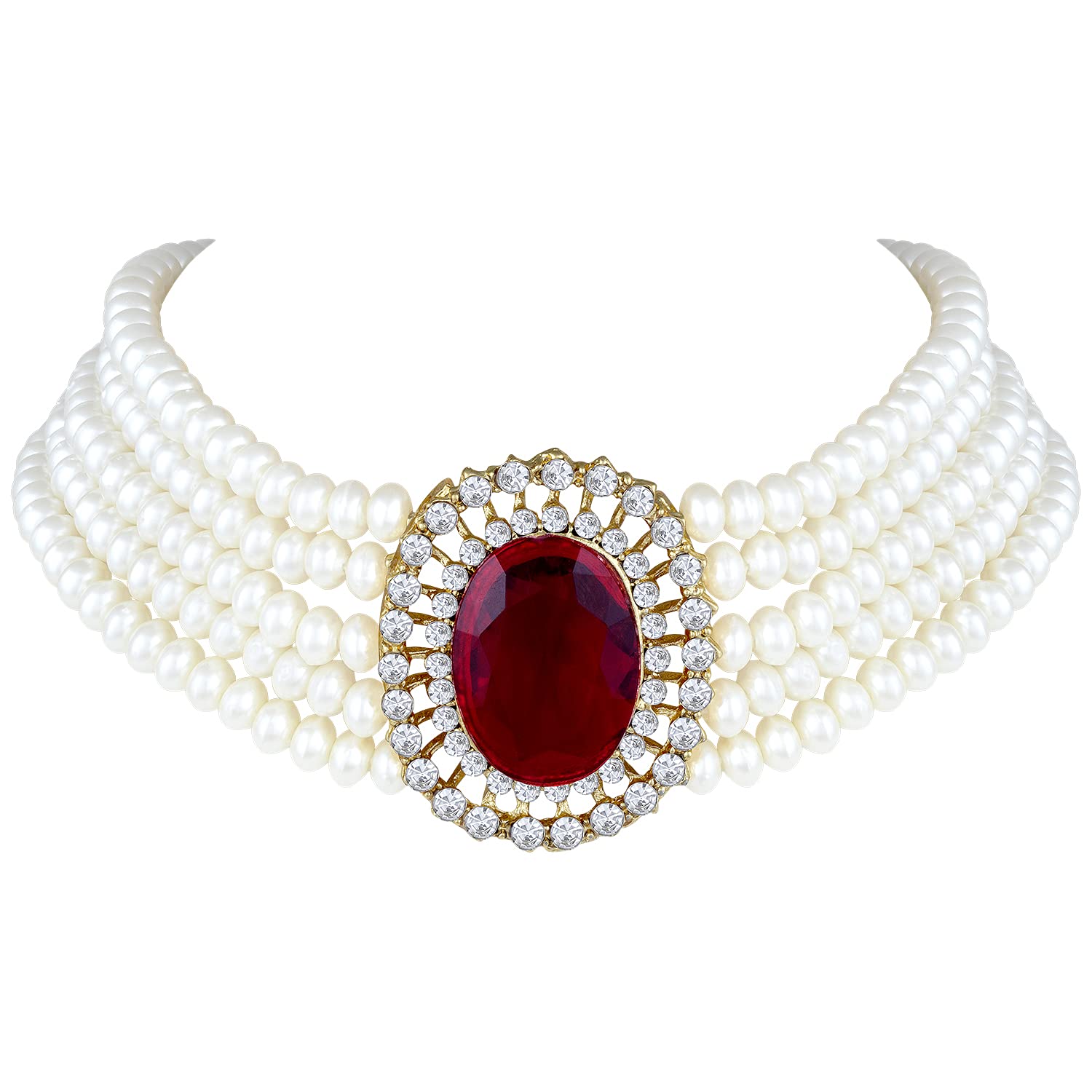 Gold-Polished Traditional Stone Studded Pearl Choker Necklace Jewellery Set For Women/Girls - Wahe Jewels - Swadesiicart