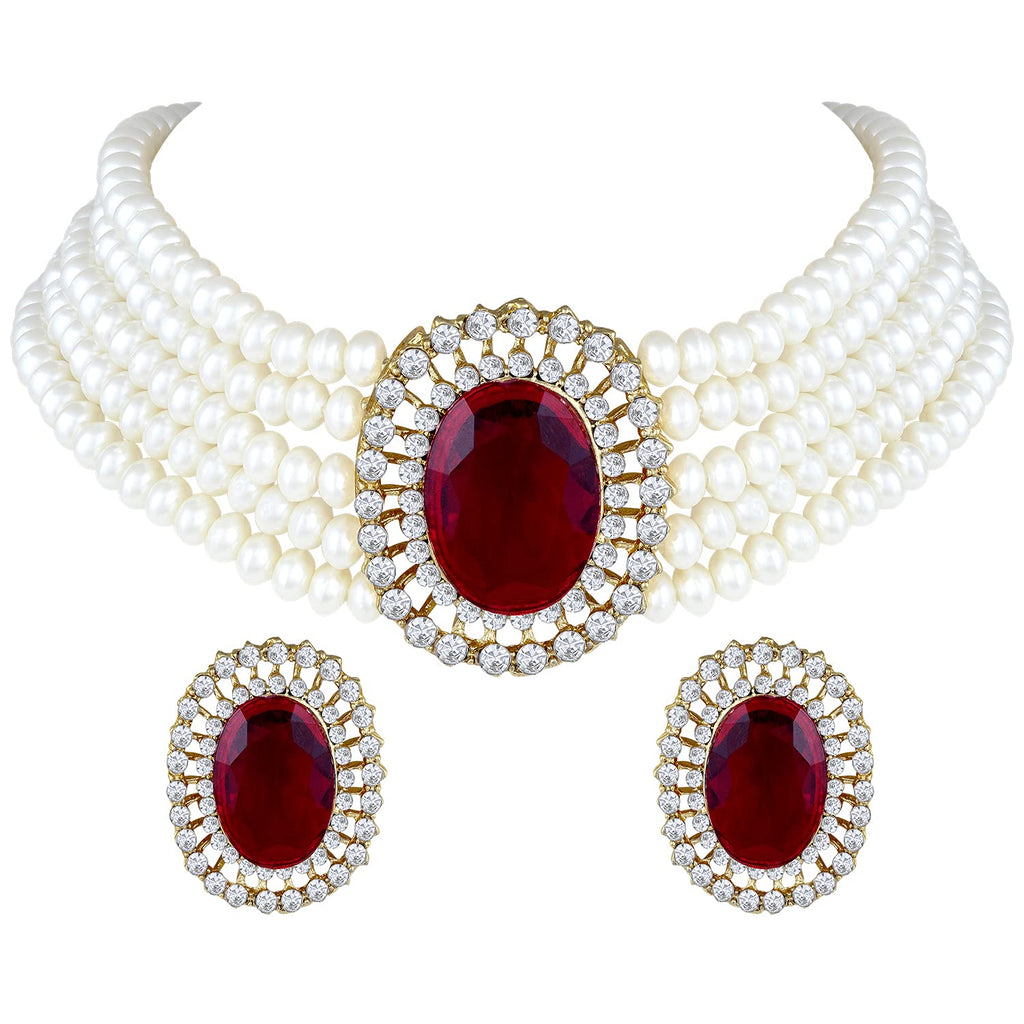Gold-Polished Traditional Stone Studded Pearl Choker Necklace Jewellery Set For Women/Girls - Wahe Jewels - Swadesiicart