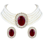 Gold-Polished Traditional Stone Studded Pearl Choker Necklace Jewellery Set For Women/Girls - Wahe Jewels - Swadesiicart