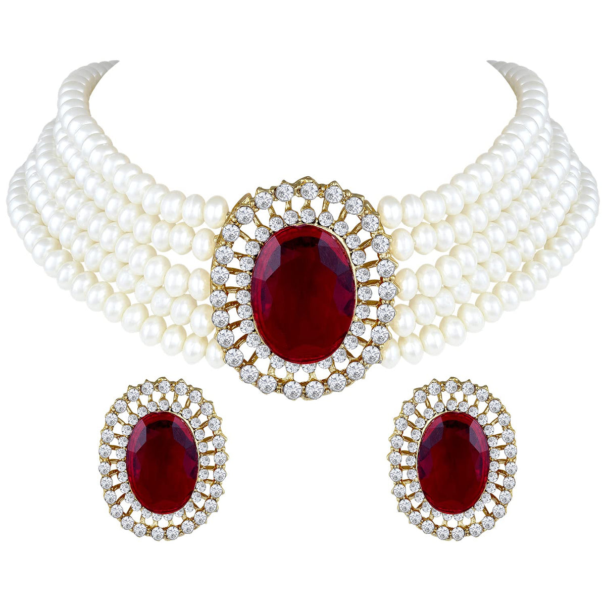 Gold-Polished Traditional Stone Studded Pearl Choker Necklace Jewellery Set For Women/Girls - Wahe Jewels - Swadesiicart