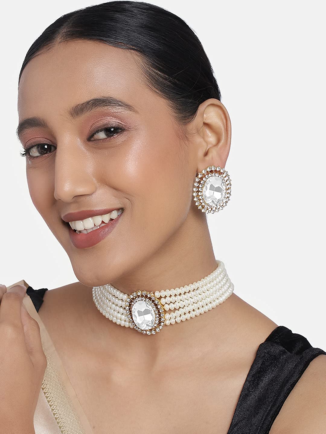 Gold-Polished Traditional Green Stone Studded Pearl Choker Necklace Jewellery Set For Women/Girls - Wahe Jewels - Swadesiicart