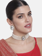 Gold-Polished Traditional Green Stone Studded Pearl Choker Necklace Jewellery Set For Women/Girls - Wahe Jewels - Swadesiicart