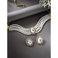 Gold-Polished Traditional Green Stone Studded Pearl Choker Necklace Jewellery Set For Women/Girls - Wahe Jewels - Swadesiicart