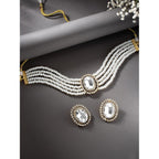 Gold-Polished Traditional Green Stone Studded Pearl Choker Necklace Jewellery Set For Women/Girls - Wahe Jewels - Swadesiicart