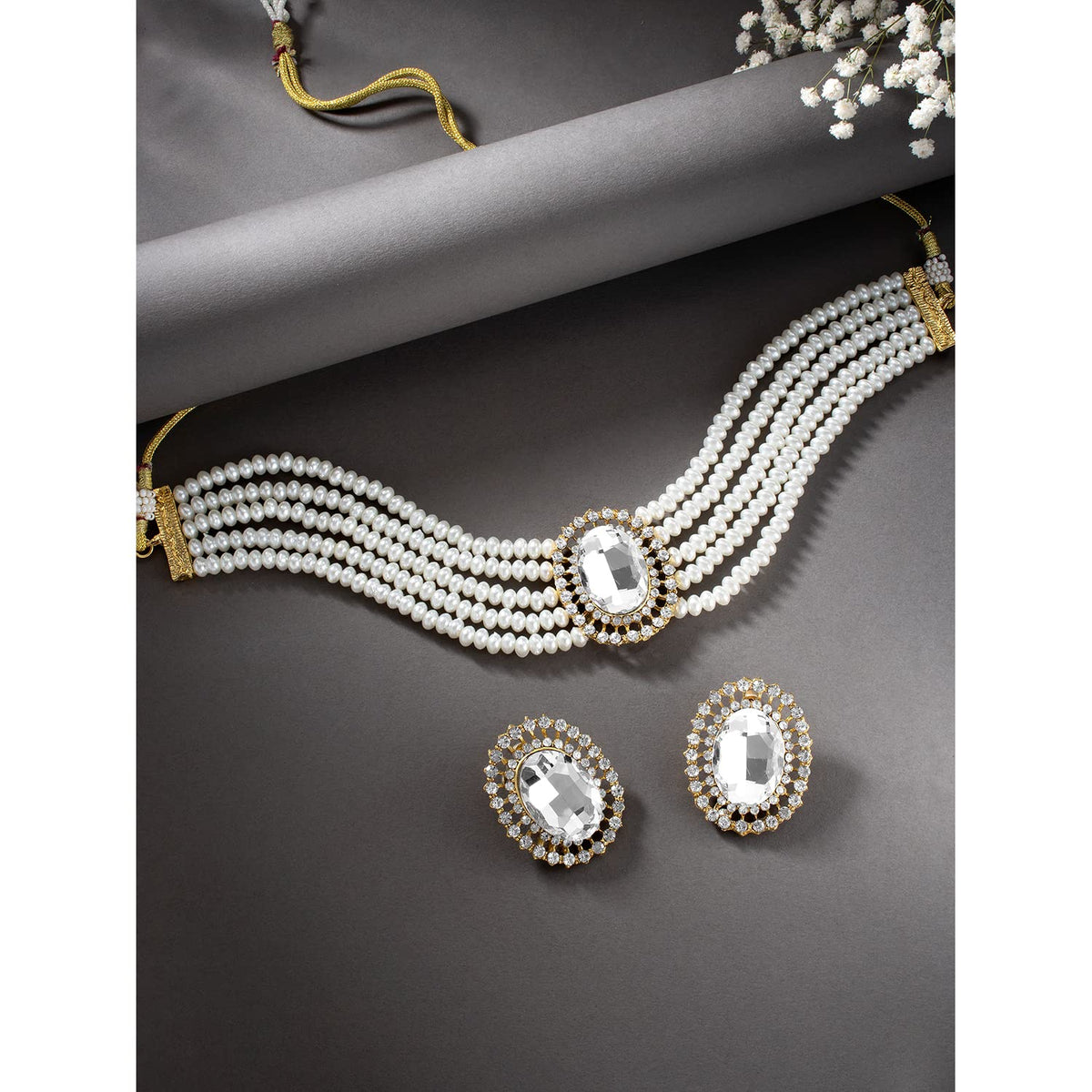 Gold-Polished Traditional Green Stone Studded Pearl Choker Necklace Jewellery Set For Women/Girls - Wahe Jewels - Swadesiicart