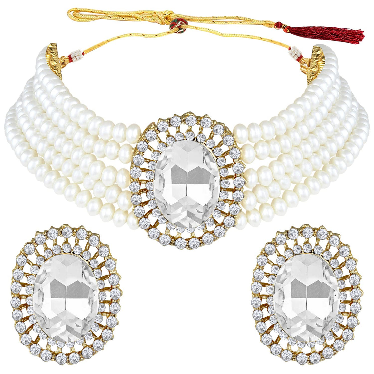 Gold-Polished Traditional Green Stone Studded Pearl Choker Necklace Jewellery Set For Women/Girls - Wahe Jewels - Swadesiicart
