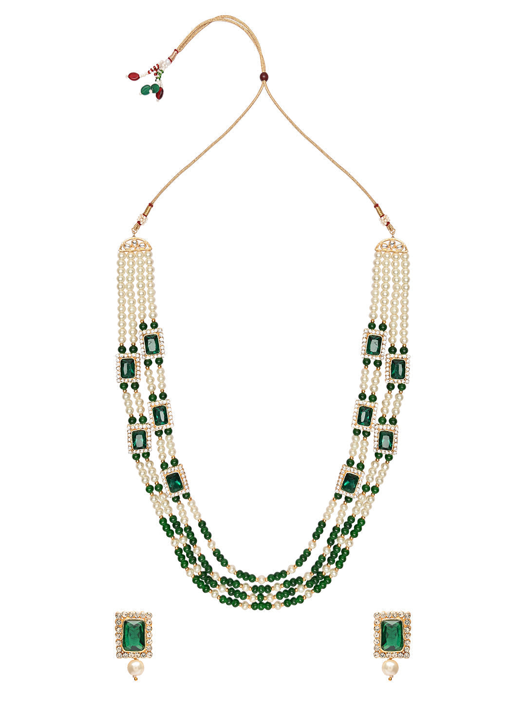 Gold-Polished Traditional Stone Studded Multi Strand Long Pearl Necklace Jewellery With Stud Earrings Set For Women/Girls - Wahe Jewels - Swadesiicart