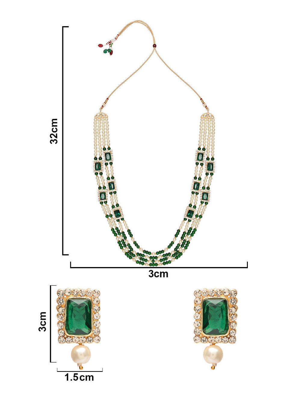Gold-Polished Traditional Stone Studded Multi Strand Long Pearl Necklace Jewellery With Stud Earrings Set For Women/Girls - Wahe Jewels - Swadesiicart
