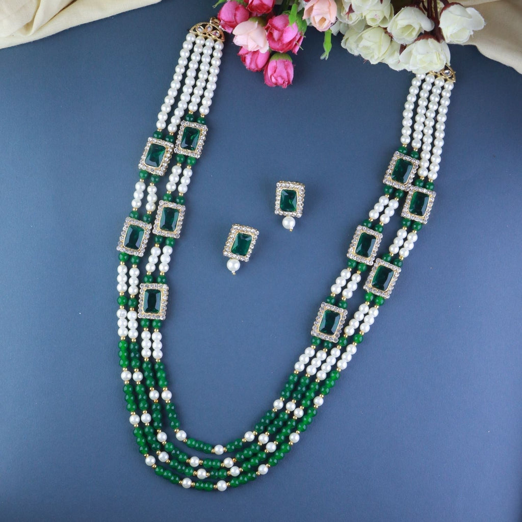 Gold-Polished Traditional Stone Studded Multi Strand Long Pearl Necklace Jewellery With Stud Earrings Set For Women/Girls - Wahe Jewels - Swadesiicart