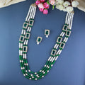 Gold-Polished Traditional Stone Studded Multi Strand Long Pearl Necklace Jewellery With Stud Earrings Set For Women/Girls - Wahe Jewels - Swadesiicart