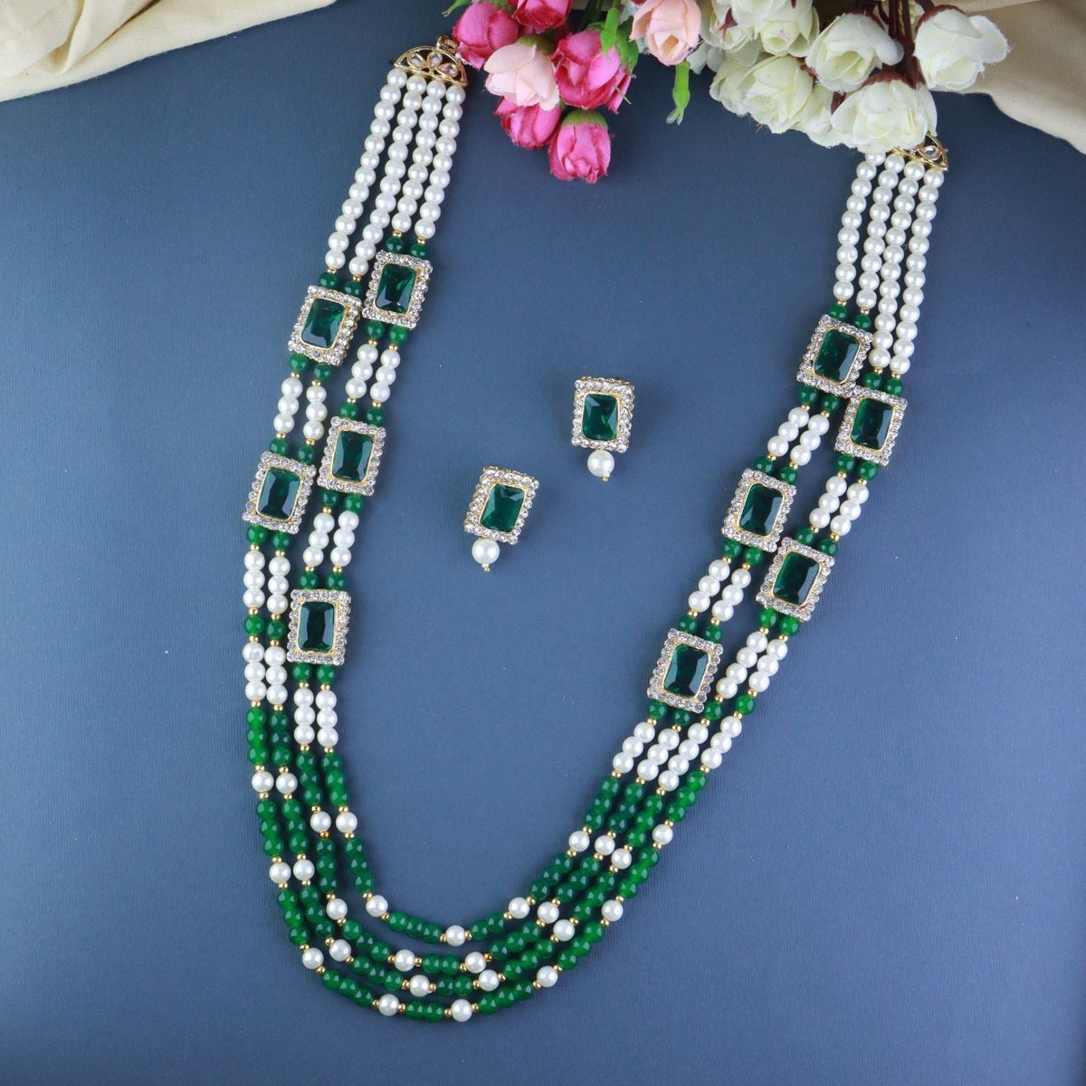 Gold-Polished Traditional Stone Studded Multi Strand Long Pearl Necklace Jewellery With Stud Earrings Set For Women/Girls - Wahe Jewels - Swadesiicart