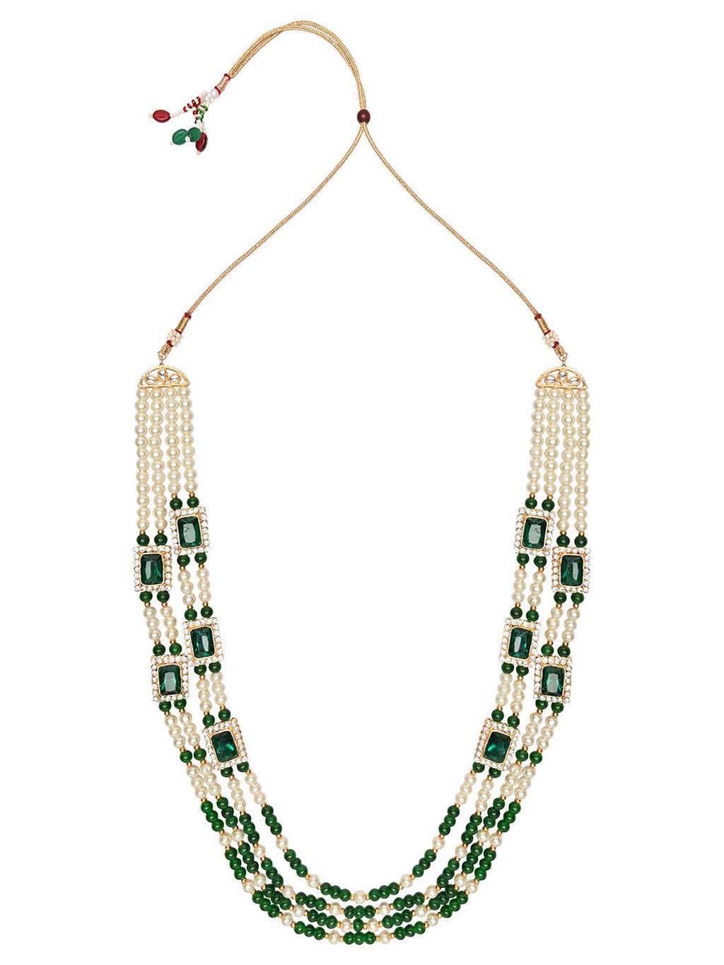 Gold-Polished Traditional Stone Studded Multi Strand Long Pearl Necklace Jewellery With Stud Earrings Set For Women/Girls - Wahe Jewels - Swadesiicart