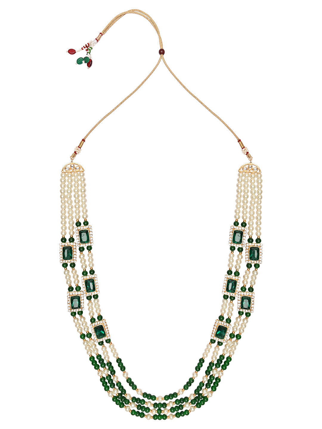 Gold-Polished Traditional Stone Studded Multi Strand Long Pearl Necklace Jewellery With Stud Earrings Set For Women/Girls - Wahe Jewels - Swadesiicart