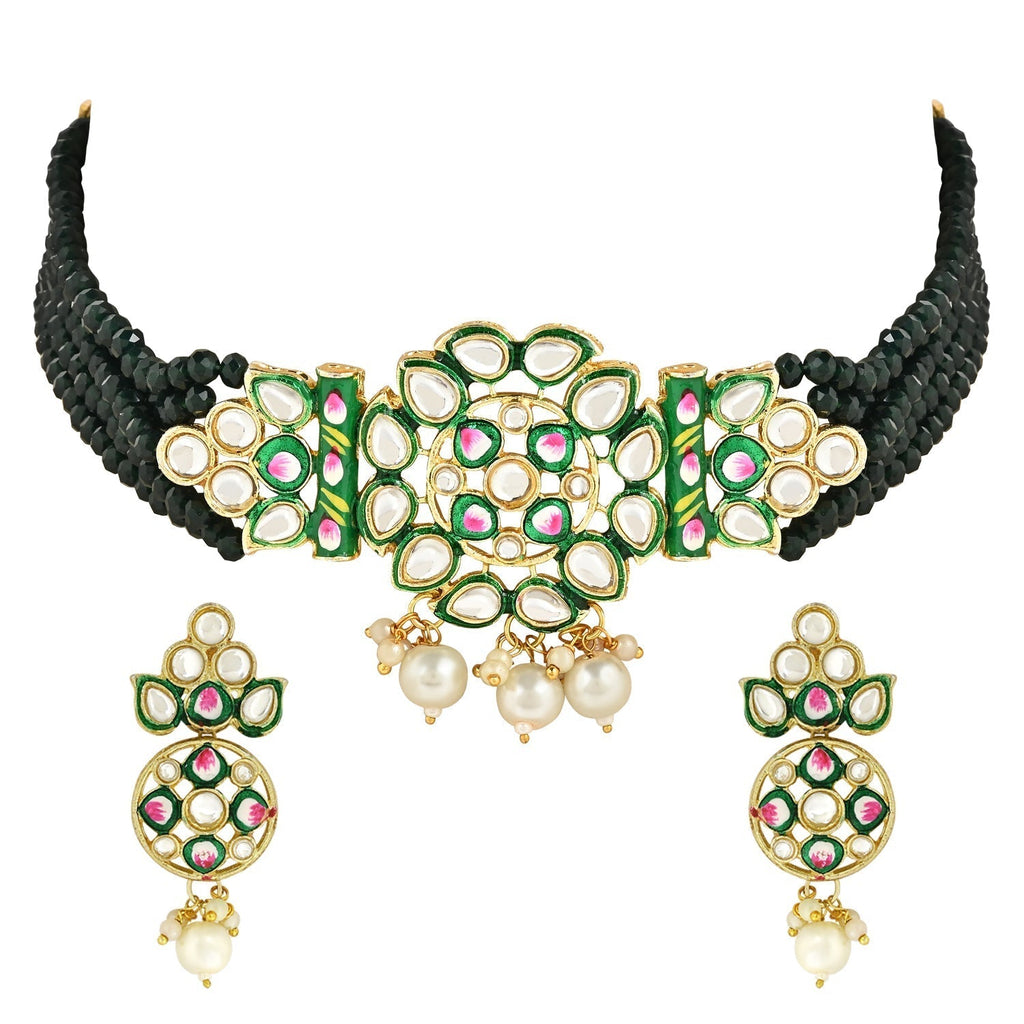 Gold-Polished Traditional Pearl Kundan Studded Meenakari Choker Necklace With Earring Set For Women/Girls - Wahe Jewels - Swadesiicart