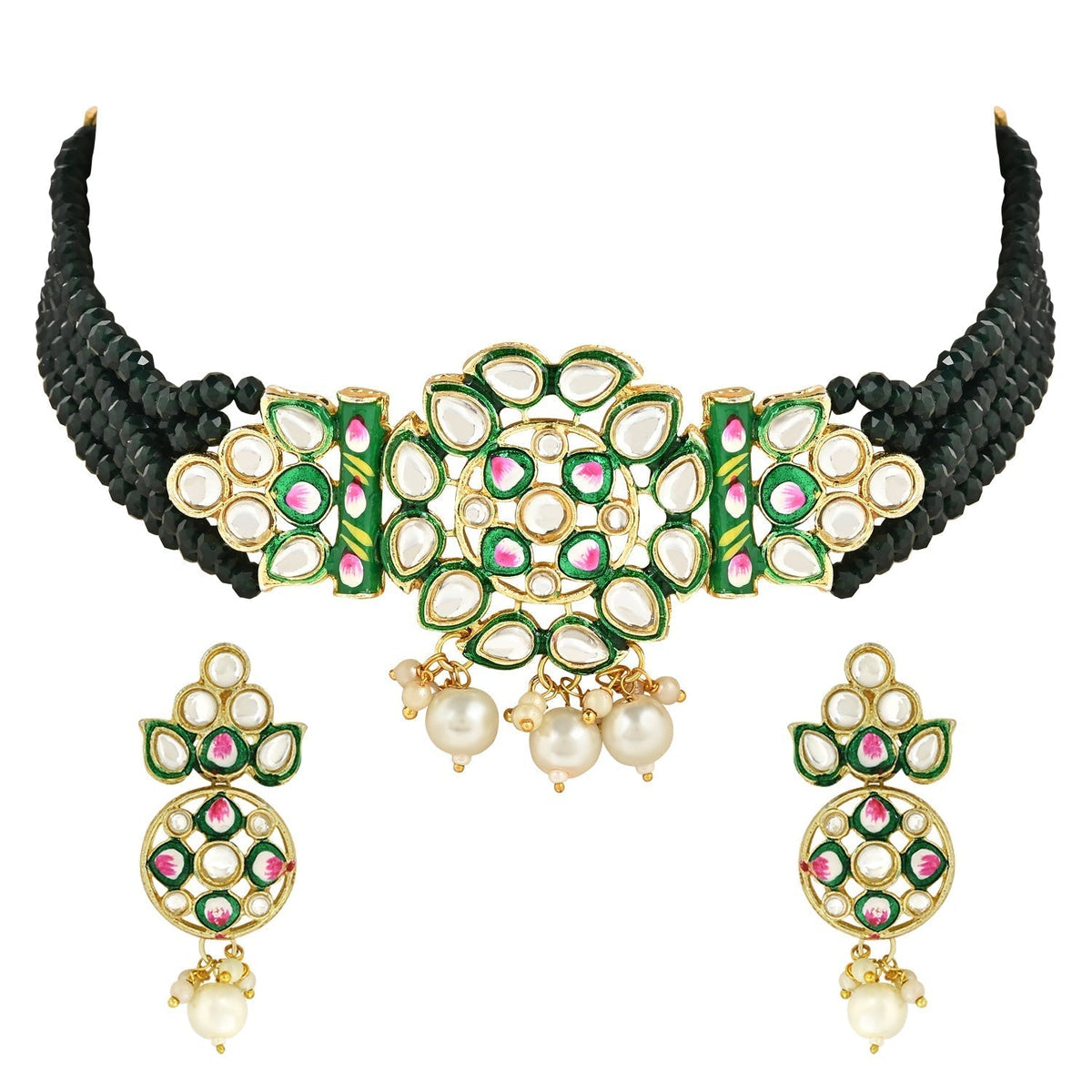 Gold-Polished Traditional Pearl Kundan Studded Meenakari Choker Necklace With Earring Set For Women/Girls - Wahe Jewels - Swadesiicart