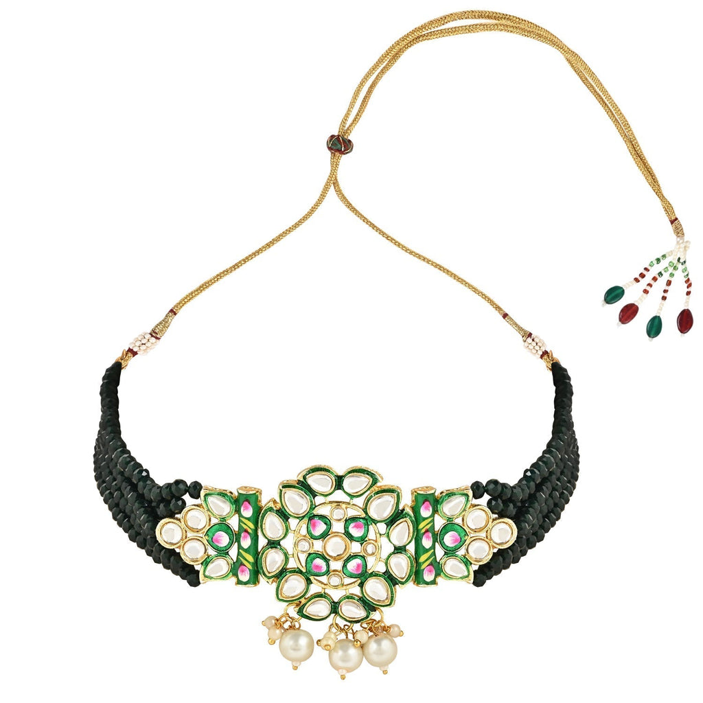Gold-Polished Traditional Pearl Kundan Studded Meenakari Choker Necklace With Earring Set For Women/Girls - Wahe Jewels - Swadesiicart