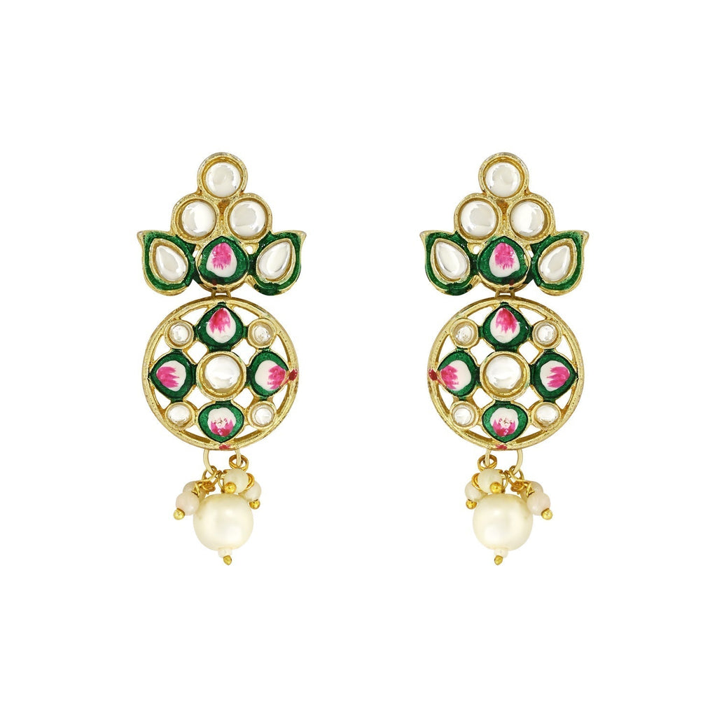 Gold-Polished Traditional Pearl Kundan Studded Meenakari Choker Necklace With Earring Set For Women/Girls - Wahe Jewels - Swadesiicart