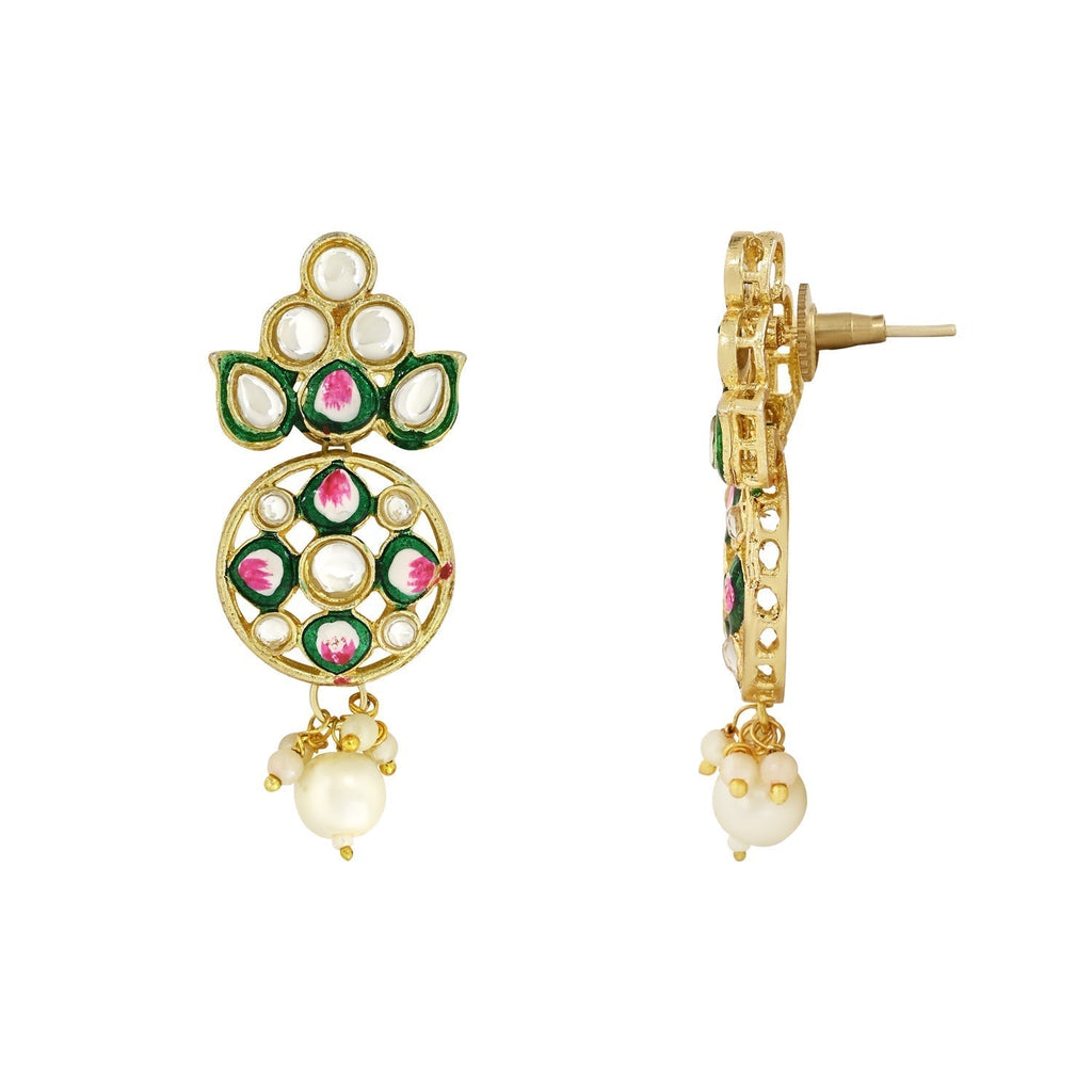 Gold-Polished Traditional Pearl Kundan Studded Meenakari Choker Necklace With Earring Set For Women/Girls - Wahe Jewels - Swadesiicart
