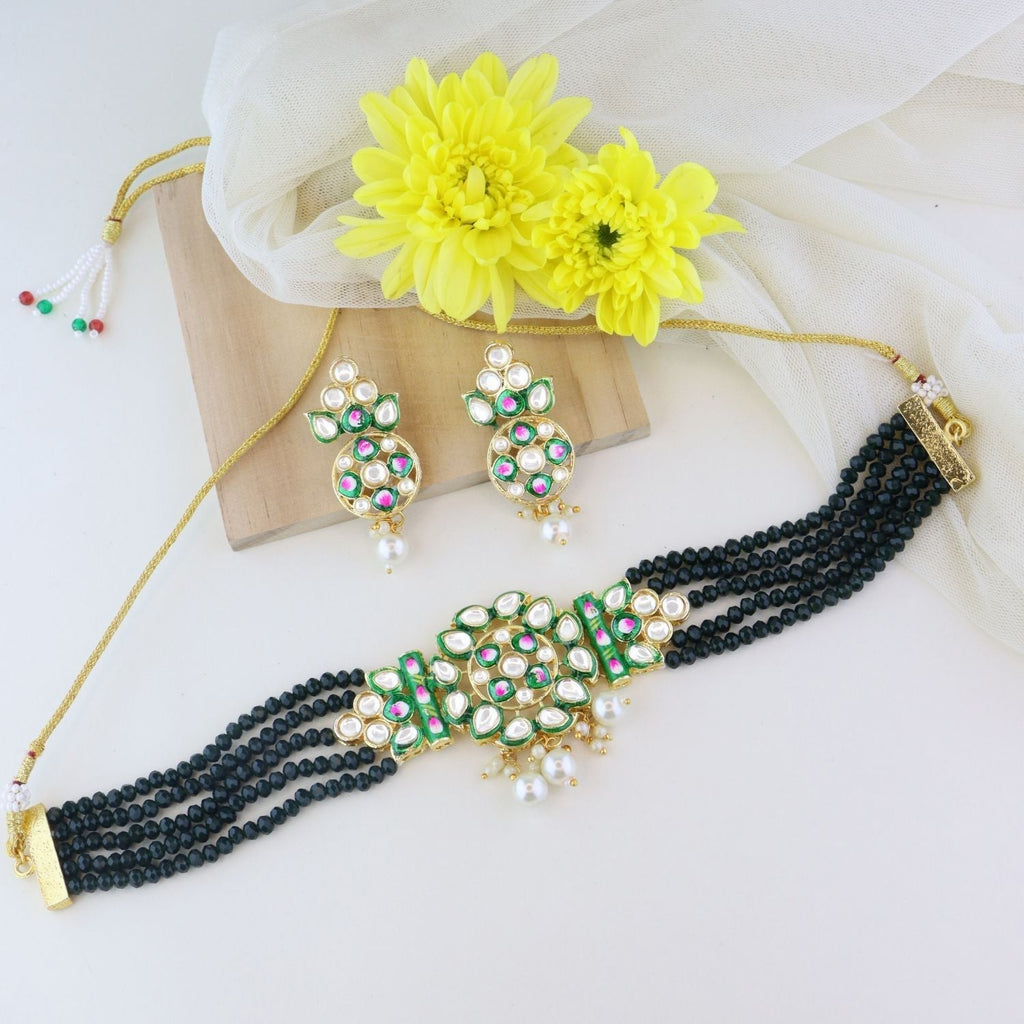 Gold-Polished Traditional Pearl Kundan Studded Meenakari Choker Necklace With Earring Set For Women/Girls - Wahe Jewels - Swadesiicart
