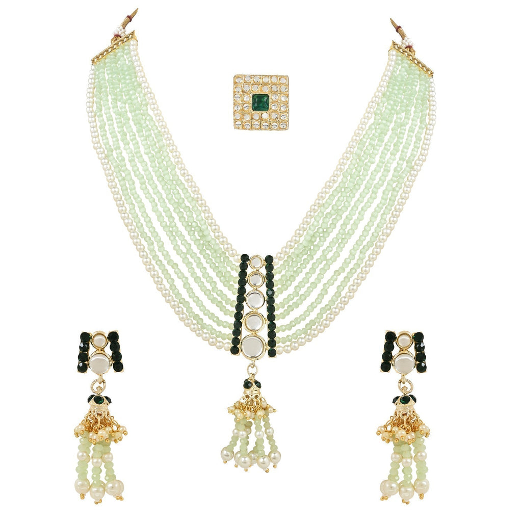 Gold-Polished Traditional Kundan & Mint Beads Multistrand Necklace With Earrings, Maang Tikka & Finger Ring Set For Women - Wahe Jewels - Swadesiicart