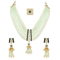 Gold-Polished Traditional Kundan & Mint Beads Multistrand Necklace With Earrings, Maang Tikka & Finger Ring Set For Women - Wahe Jewels - Swadesiicart