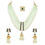 Gold-Polished Traditional Kundan & Mint Beads Multistrand Necklace With Earrings, Maang Tikka & Finger Ring Set For Women - Wahe Jewels - Swadesiicart