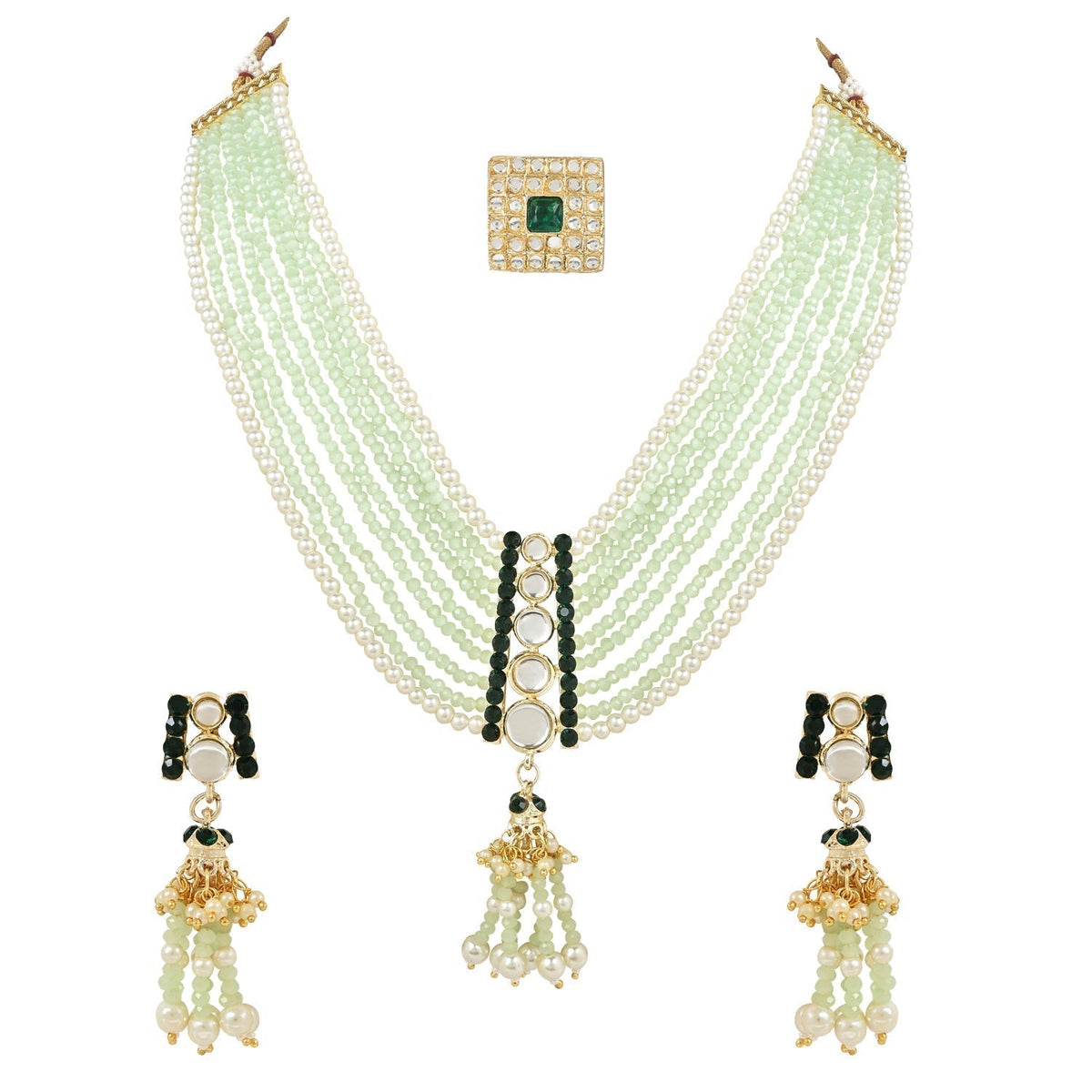 Gold-Polished Traditional Kundan & Mint Beads Multistrand Necklace With Earrings, Maang Tikka & Finger Ring Set For Women - Wahe Jewels - Swadesiicart