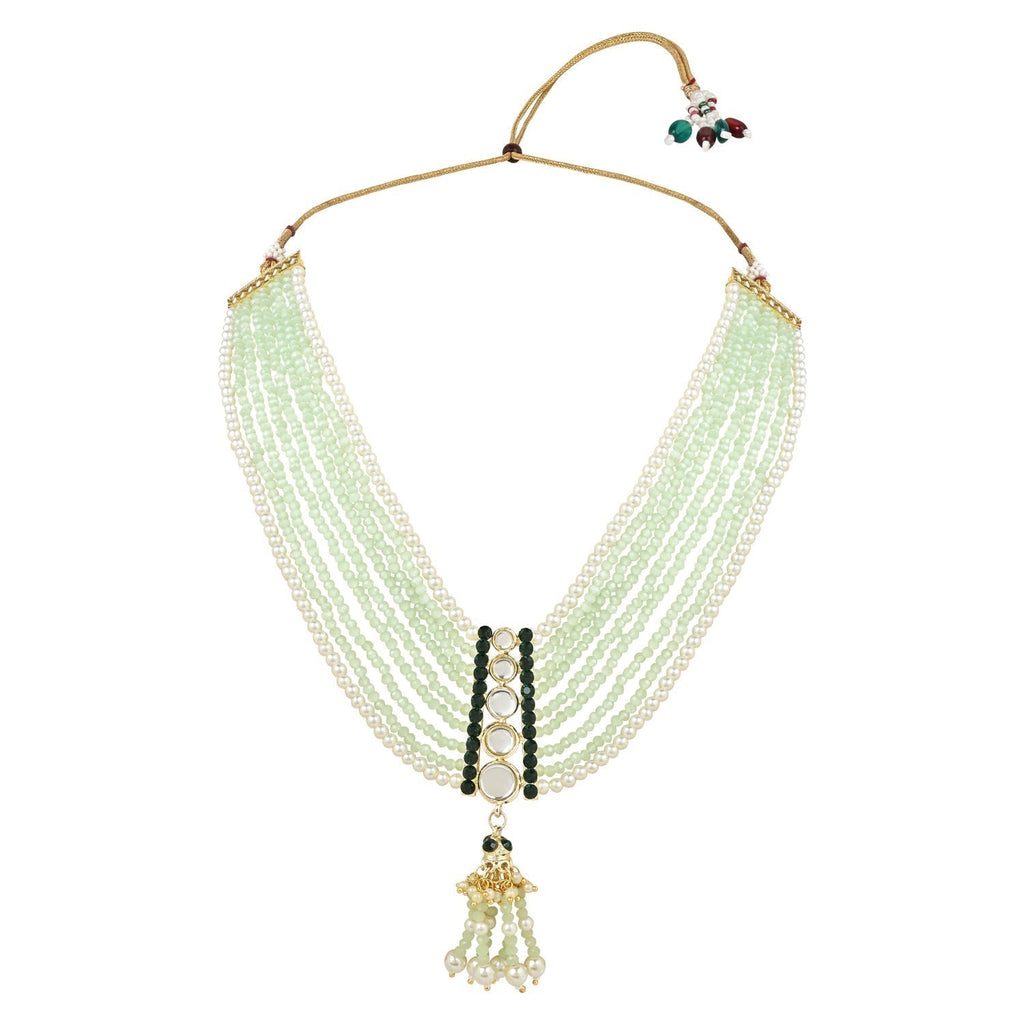 Gold-Polished Traditional Kundan & Mint Beads Multistrand Necklace With Earrings, Maang Tikka & Finger Ring Set For Women - Wahe Jewels - Swadesiicart