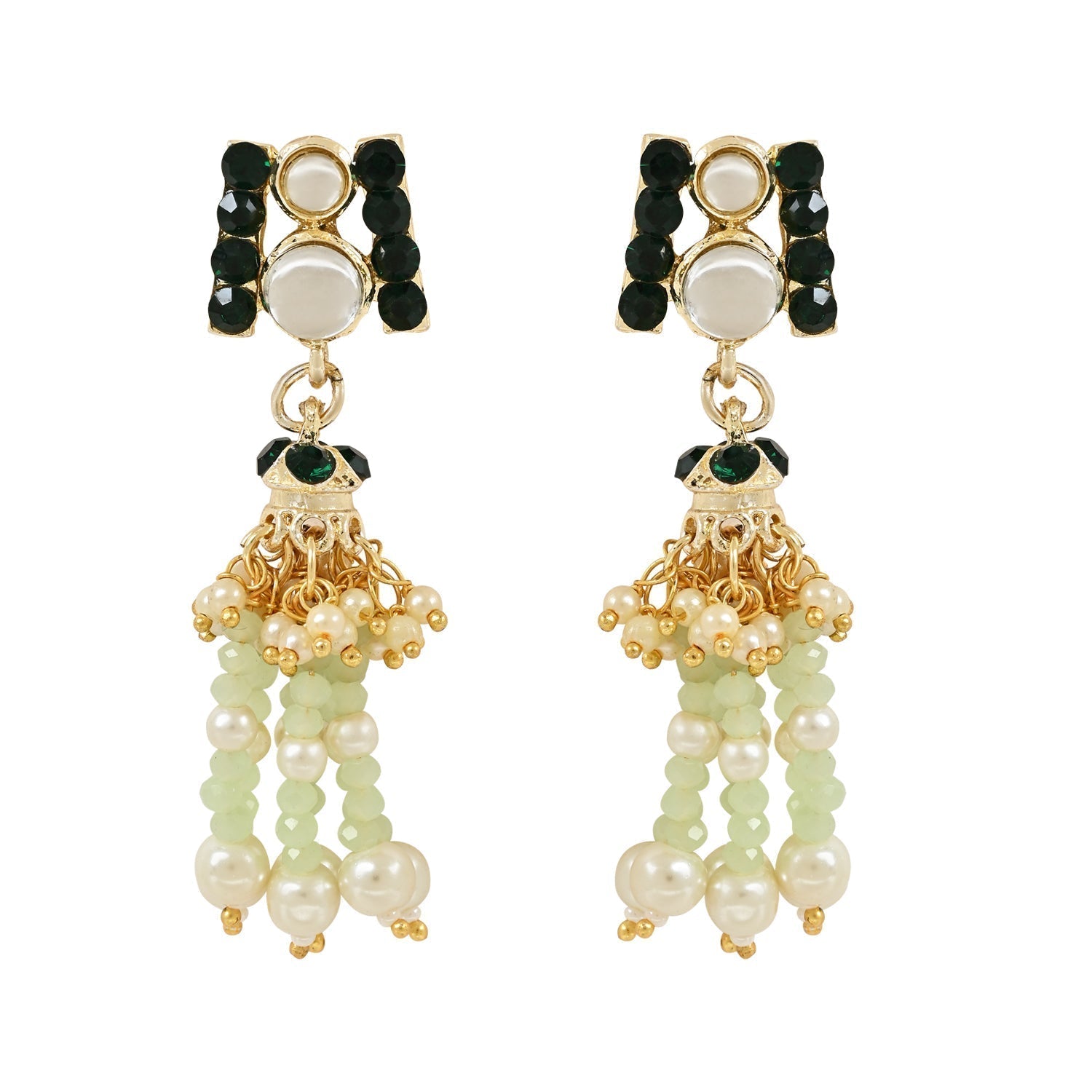 Gold-Polished Traditional Kundan & Mint Beads Multistrand Necklace With Earrings, Maang Tikka & Finger Ring Set For Women - Wahe Jewels - Swadesiicart