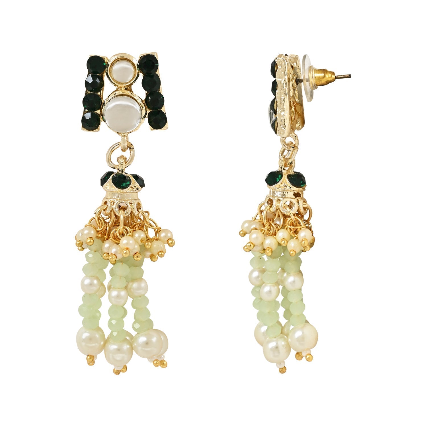 Gold-Polished Traditional Kundan & Mint Beads Multistrand Necklace With Earrings, Maang Tikka & Finger Ring Set For Women - Wahe Jewels - Swadesiicart