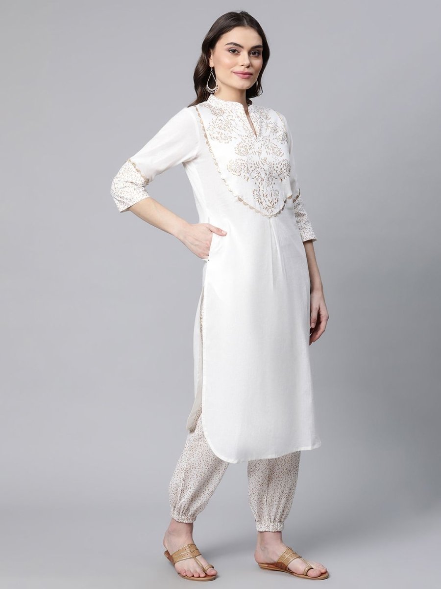 Ahalyaa Women Offwhite Pure Cotton Printed Kurta With Trousers | Grocsy