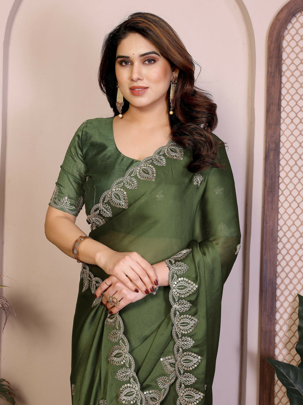Teeya Creation New Trendy Party Wear Soft Satin Chiffon Saree-Green | Grocsy
