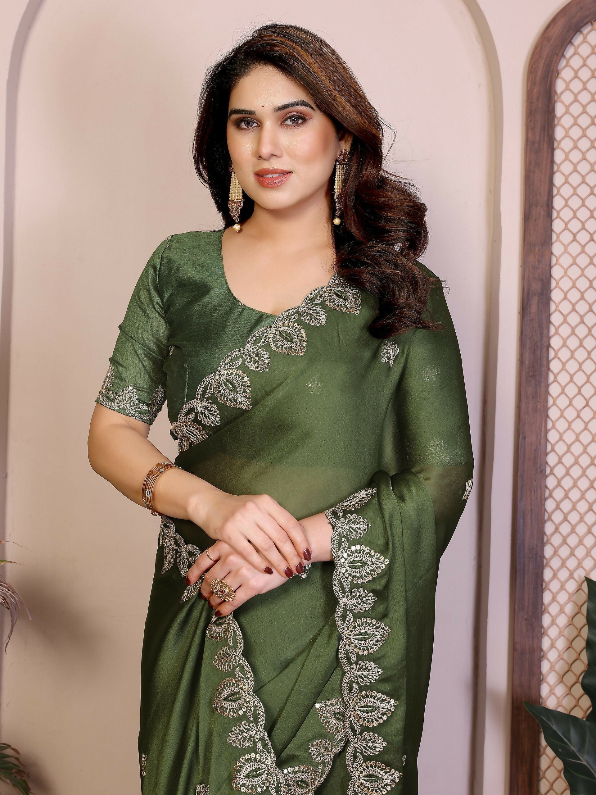 Teeya Creation New Trendy Party Wear Soft Satin Chiffon Saree-Green | Grocsy