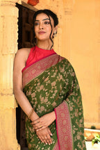 Joban Fashion Green Crepe Chiffon Pure Handloom Banarasi Silk Saree | Grocsy