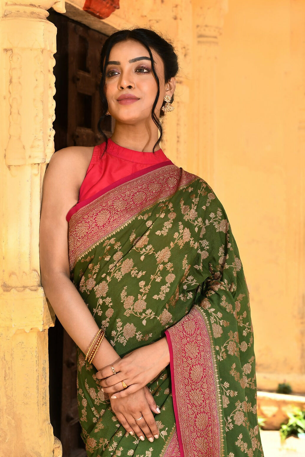 Joban Fashion Green Crepe Chiffon Pure Handloom Banarasi Silk Saree | Grocsy
