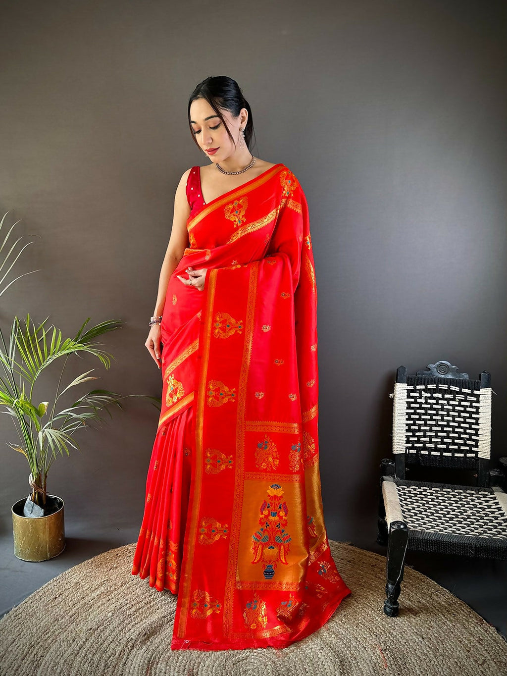 Joban Fashion Red Meenakari Weaving Paithani Sarees | Grocsy
