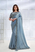 Blue Crepe satin silk Cord & Sequence Embroidered Saree - Mohmanthan Majestica | Grocsy