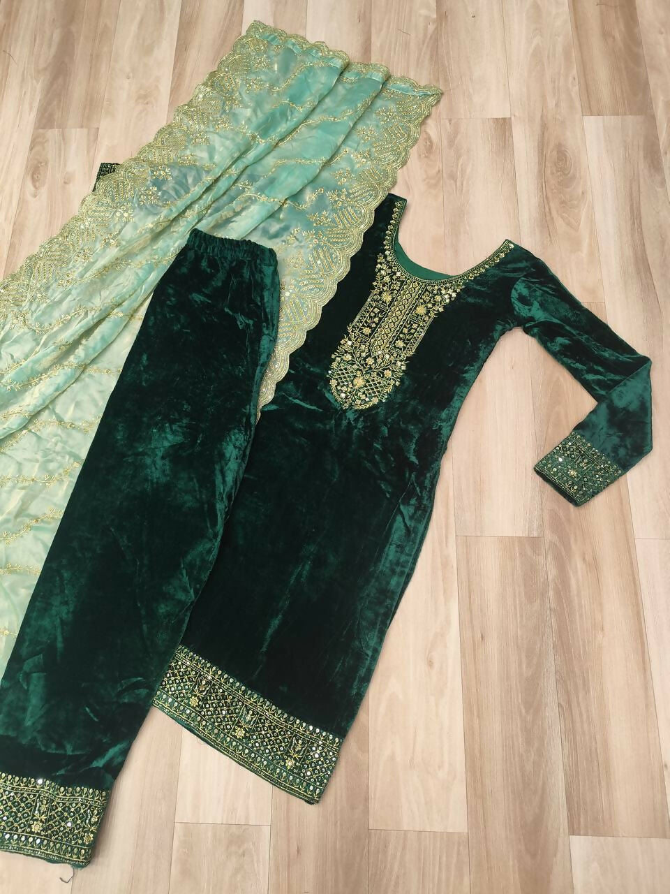 Vastranavya Green Velvet With Rich Sequins & Zari Embroidered Work Top-Bottom With Dupatta | Grocsy