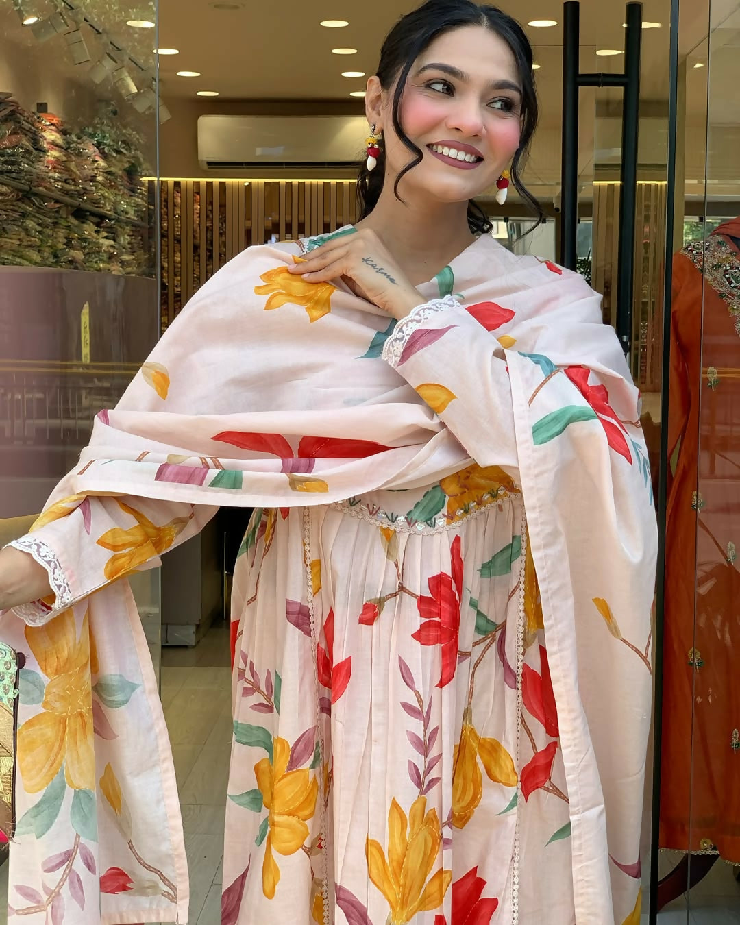 The52 Peach Women's Gorgeous Cotton Fabric Printed Work Straight Kurta Pant and Dupatta Set | Grocsy