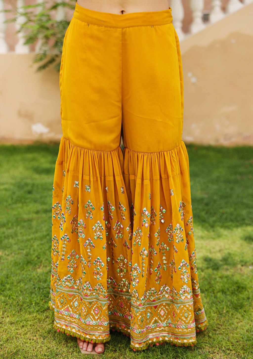 Juniper Women's Mustard Thread Embroidered Georgette Kurta Sharara And Dupatta Set With Sequins & Mirror Work | Grocsy