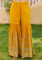 Juniper Women's Mustard Thread Embroidered Georgette Kurta Sharara And Dupatta Set With Sequins & Mirror Work | Grocsy