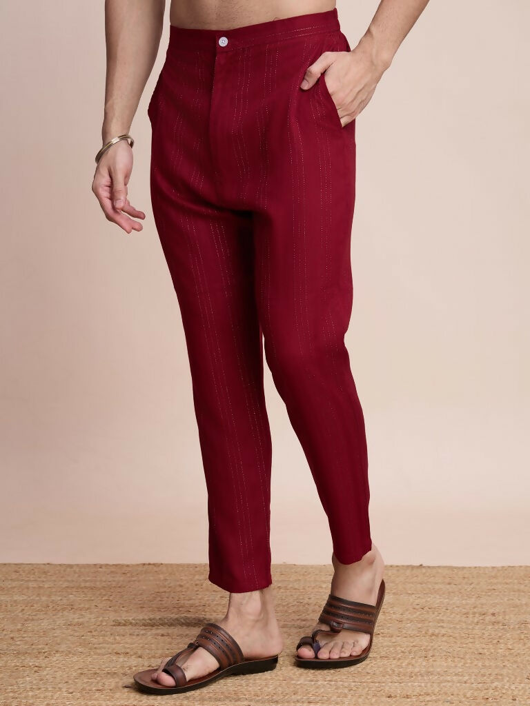 Vastranavya Traditional Festival Wear Viscose Thread & Sequence Embroidered Work Kurta Pant Set - Maroon | Grocsy