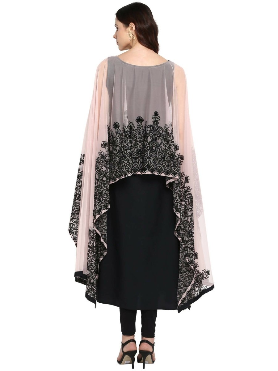 Ahalyaa Women's Beautiful Black Crepe Printed Kurta with Attached Dupatta | Grocsy